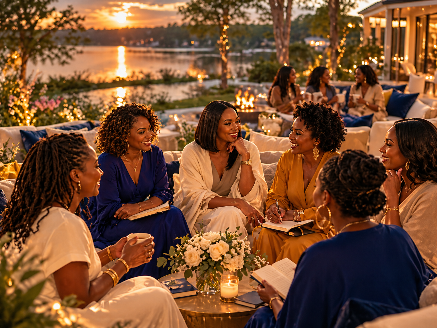 Sisterhood gathered lakeside at sunset — peaceful connection, healing, and community